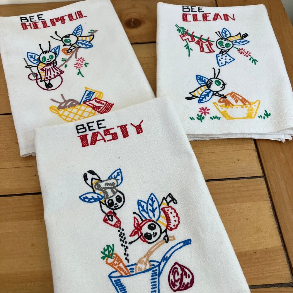 Bee Clean Helpful Tasty Kitchen Tea Towel Dish Cloth Vintage Set of 3 White